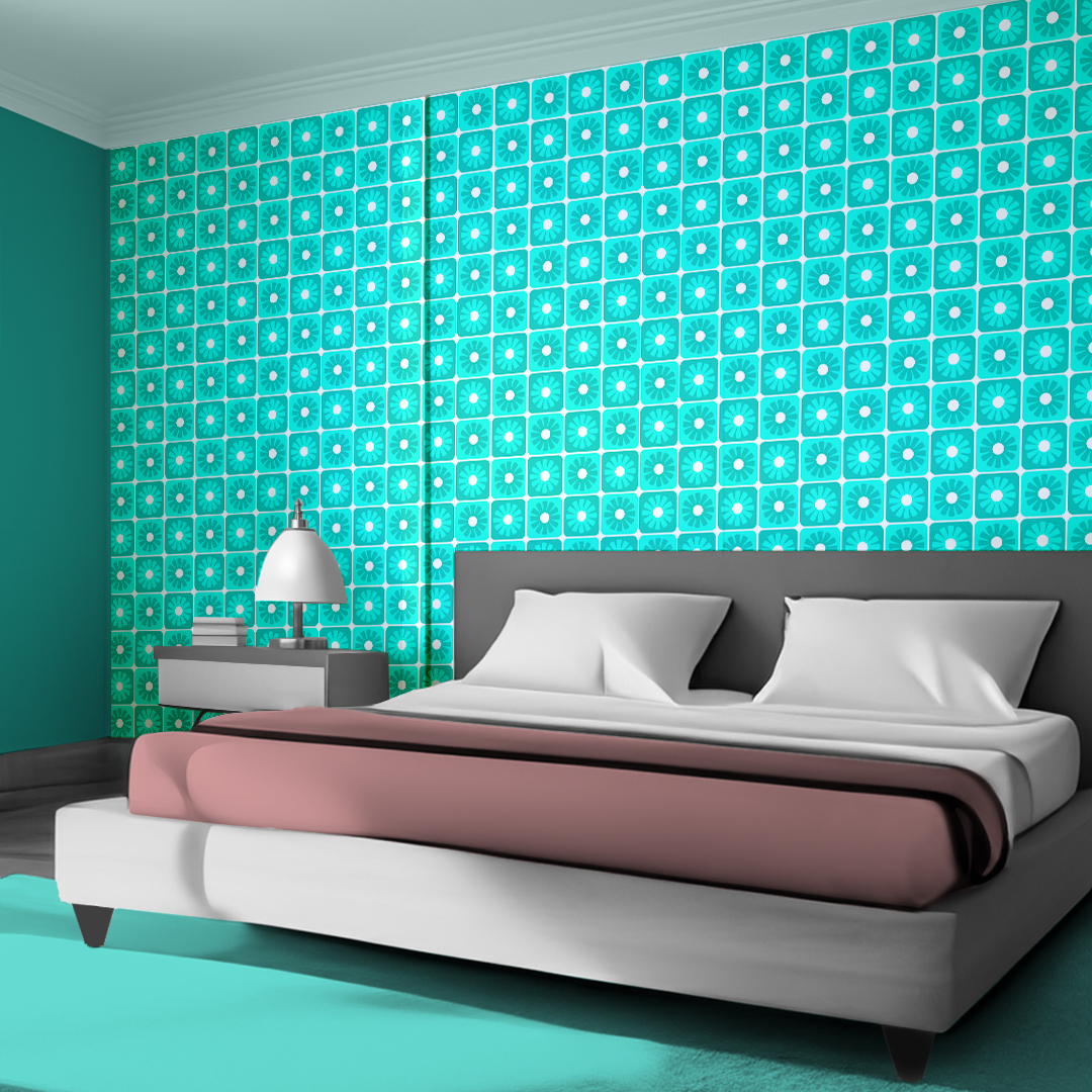 An abstract composition featuring irregular, rounded shapes in vibrant colors. The main colors include bright green, lime green, turquoise, and dark blue, all separated by white, jagged outlines. The shapes overlap and intersect dynamically, forming an energetic and playful pattern. The overall texture has a fabric-like appearance with subtle horizontal and vertical lines running through the colors.